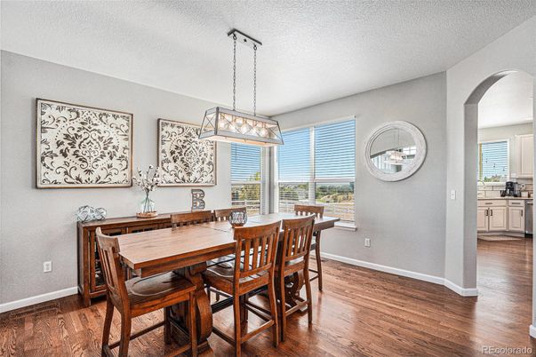 Dining room, Interior, Pendant Lights, Wood Texture Flooring
