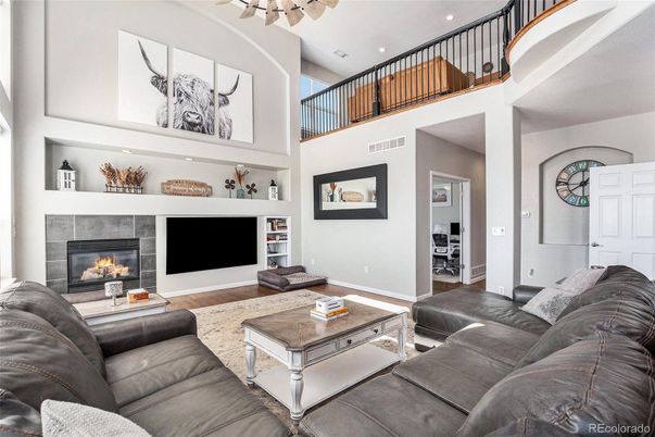 Fireplace, Interior, Living room, Recessed Lighting, Wood Texture Flooring