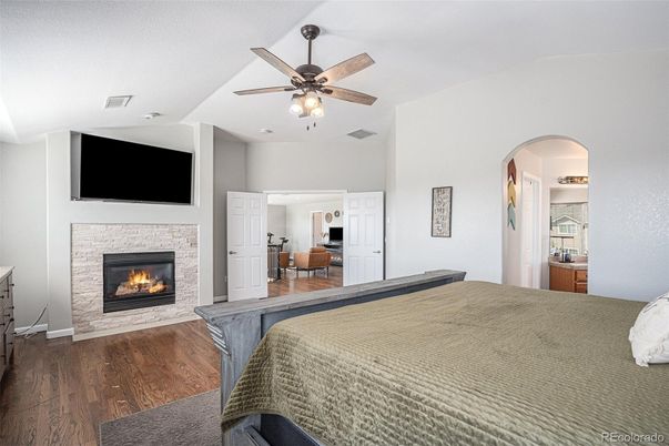 Bedroom, Fireplace, Interior, Recessed Lighting, Wood Texture Flooring
