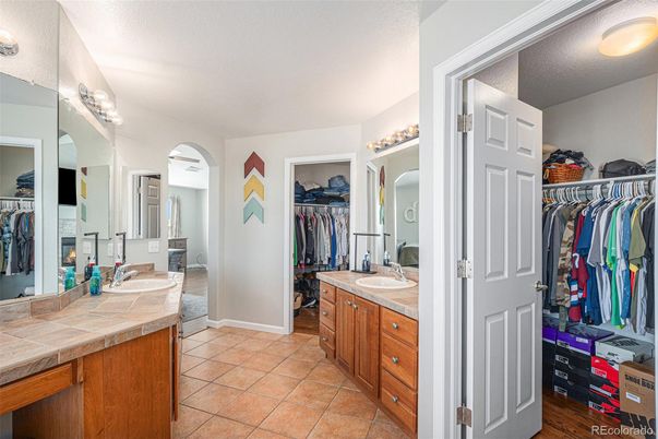 Bathroom, Dual Sink Vanities, Interior, Tile Countertops, Walk-in Closets