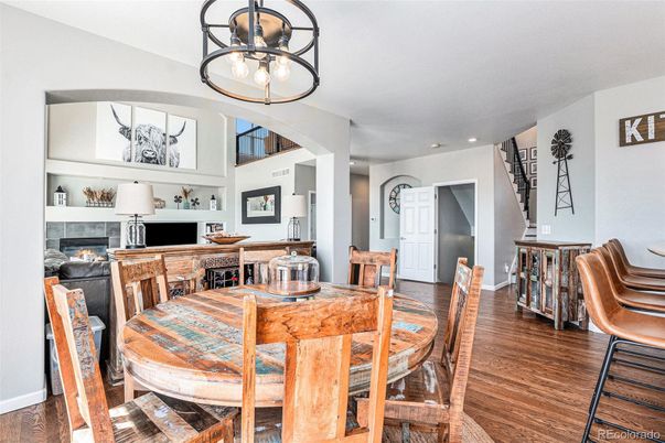 Dining room, Fireplace, Interior, Pendant Lights, Recessed Lighting, Wood Texture Flooring