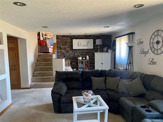 Fireplace, Interior, Living room, Recessed Lighting, Stone Walls