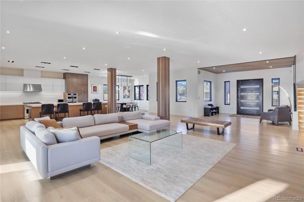 Dining room, Interior, Kitchen, Living room, Recessed Lighting, Stainless Steel Appliances, Wood Texture Flooring