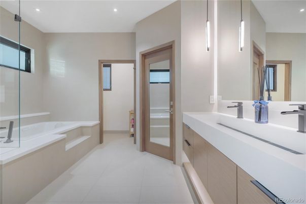Bathroom, Dual Sink Vanities, Glass Shower, Interior, Pendant Lights, Recessed Lighting