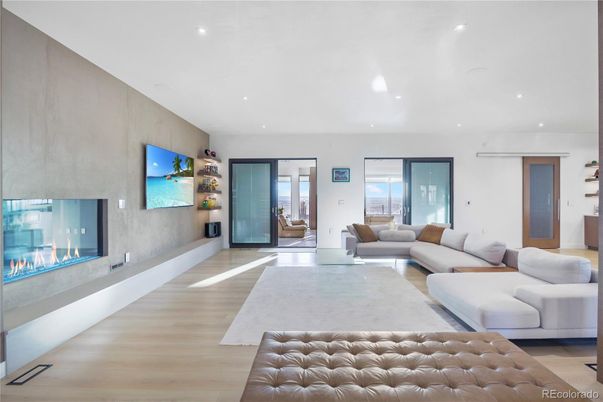 Fireplace, Interior, Living room, Recessed Lighting, Wood Texture Flooring