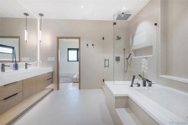 Bathroom, Dual Sink Vanities, Glass Shower, Interior, Pendant Lights, Recessed Lighting