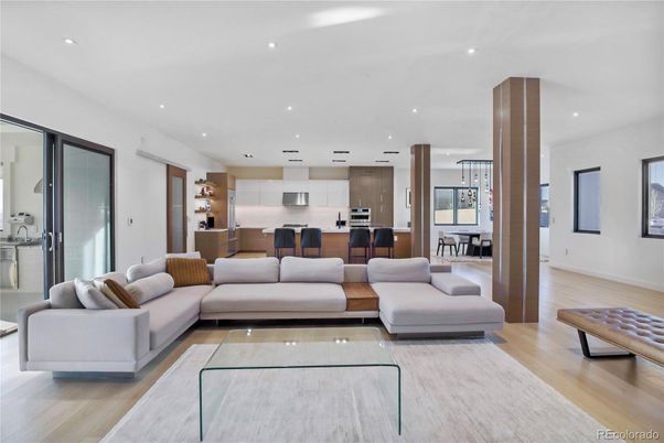 Dining room, Interior, Kitchen, Living room, Recessed Lighting, Stainless Steel Appliances, Wood Texture Flooring