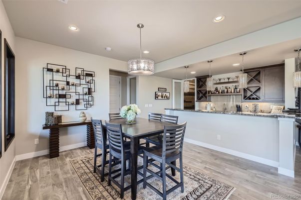 Dining room, Interior, Pendant Lights, Recessed Lighting, Wood Texture Flooring