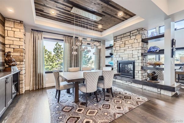 Dining room, Fireplace, Interior, Pendant Lights, Recessed Lighting, Stone Walls, Wooden Ceilings, Wood Texture Flooring