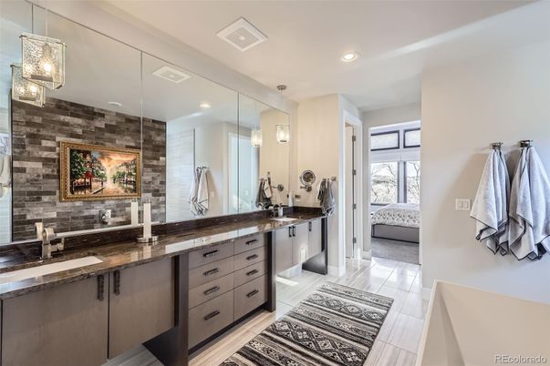 Bathroom, Dual Sink Vanities, Interior, Pendant Lights, Recessed Lighting, Stone Walls