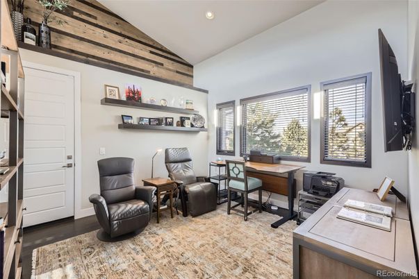 Home Office, Interior, Recessed Lighting, Wood Texture Flooring, Wooden Walls