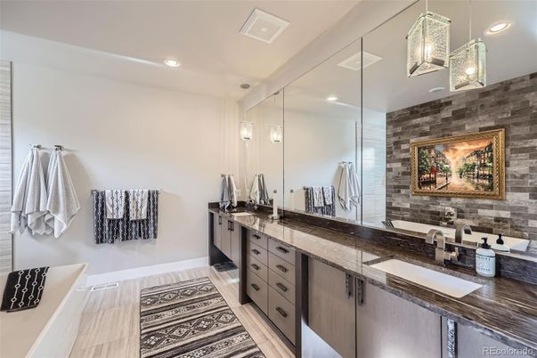 Bathroom, Dual Sink Vanities, Interior, Pendant Lights, Recessed Lighting