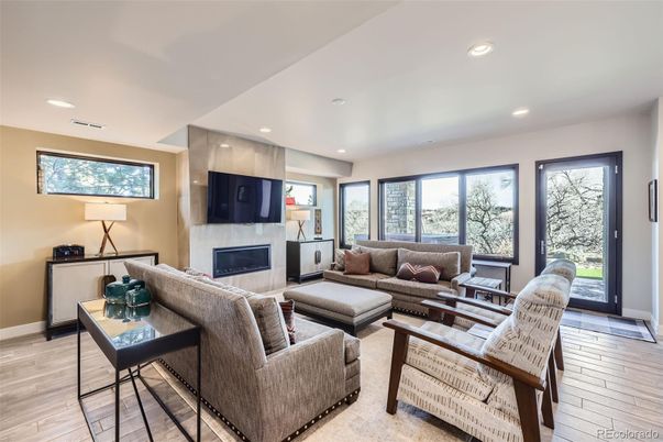 Fireplace, Interior, Living room, Recessed Lighting, Wood Texture Flooring