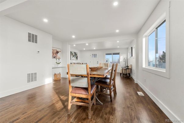 Dining room, Interior, Recessed Lighting, Wood Texture Flooring