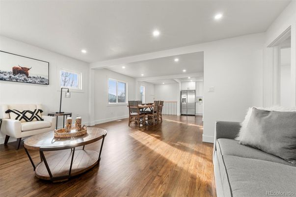 Dining room, Interior, Living room, Recessed Lighting, Wood Texture Flooring