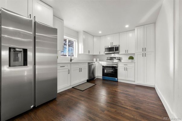 Interior, Kitchen, Recessed Lighting, Stainless Steel Appliances, Wood Texture Flooring