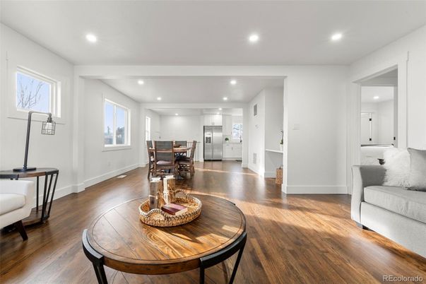 Dining room, Interior, Kitchen, Recessed Lighting, Stainless Steel Appliances, Wood Texture Flooring