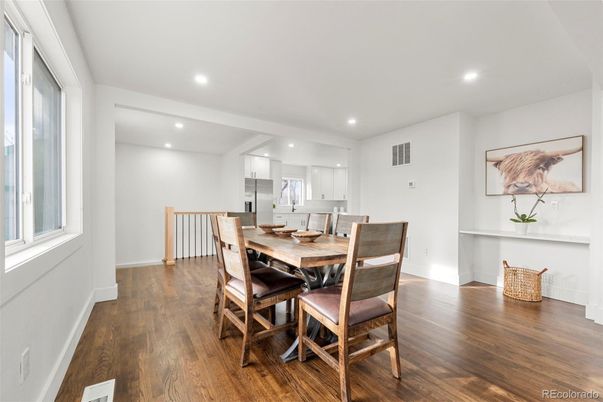 Dining room, Interior, Recessed Lighting, Wood Texture Flooring
