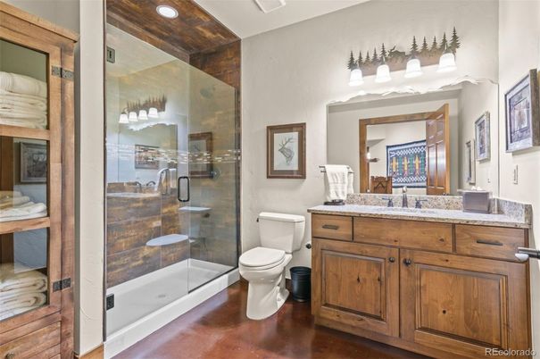 Bathroom, Glass Shower, Interior, Recessed Lighting, Wood Texture Flooring
