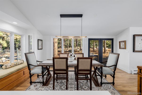 Dining room, Interior, Pendant Lights, Recessed Lighting, Wood Texture Flooring