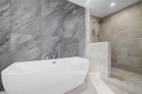 Bathroom, Free Standing Baths, Interior, Marble Walls, Recessed Lighting