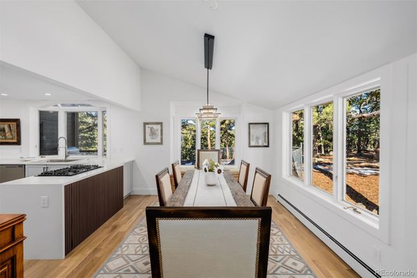 Dining room, Interior, Kitchen, Pendant Lights, Recessed Lighting, Wood Texture Flooring
