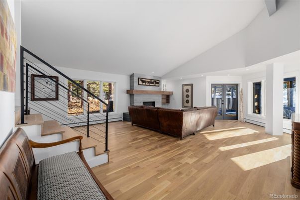 Fireplace, Interior, Living room, Recessed Lighting, Wood Texture Flooring