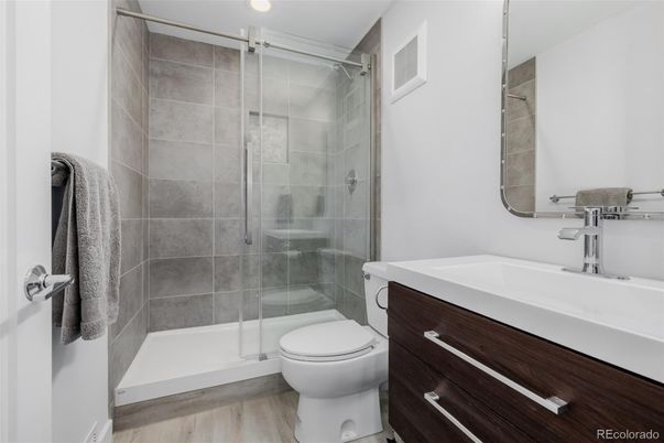 Bathroom, Glass Shower, Interior, Wood Texture Flooring
