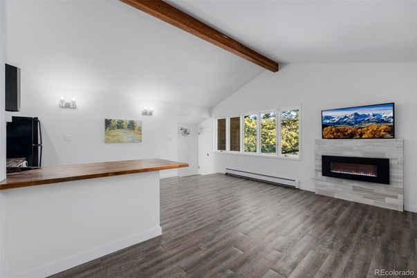 Empty room, Fireplace, Interior, Wooden Beams, Wood Texture Flooring