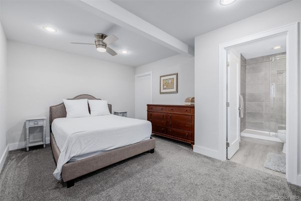 Bathroom, Bedroom, Glass Shower, Interior, Recessed Lighting, Wood Texture Flooring