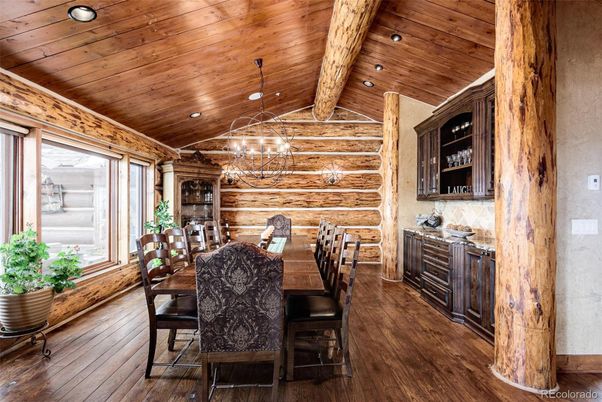 Dining room, Interior, Pendant Lights, Recessed Lighting, Wooden Beams, Wooden Ceilings, Wood Texture Flooring, Wooden Walls