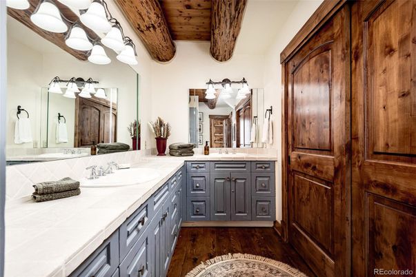 Bathroom, Dual Sink Vanities, Interior, Tile Countertops, Wooden Beams, Wooden Ceilings, Wood Texture Flooring
