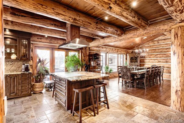 Chandelier, Dining room, Interior, Kitchen, Recessed Lighting, Wooden Beams, Wooden Ceilings, Wood Texture Flooring, Wooden Walls