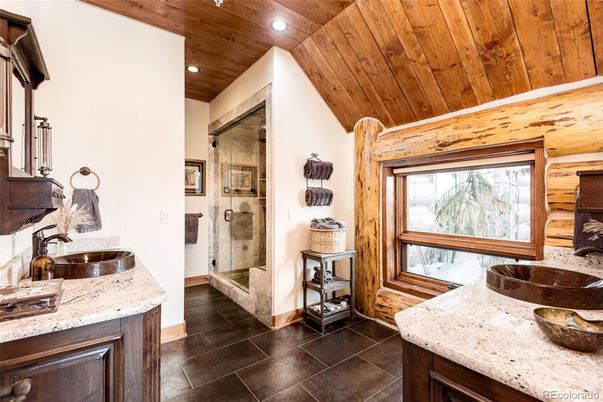 Bathroom, Dual Sink Vanities, Glass Shower, Interior, Recessed Lighting, Wooden Ceilings