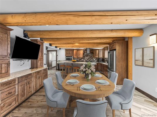 Dining room, Interior, Kitchen, Stainless Steel Appliances, Wooden Beams, Wood Texture Flooring