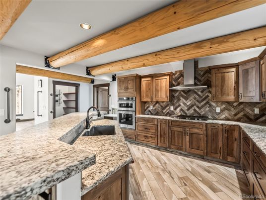 Interior, Kitchen, Recessed Lighting, Stainless Steel Appliances, Wooden Beams, Wood Texture Flooring