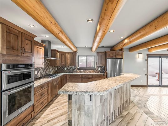 Interior, Kitchen, Recessed Lighting, Stainless Steel Appliances, Wooden Beams, Wood Texture Flooring