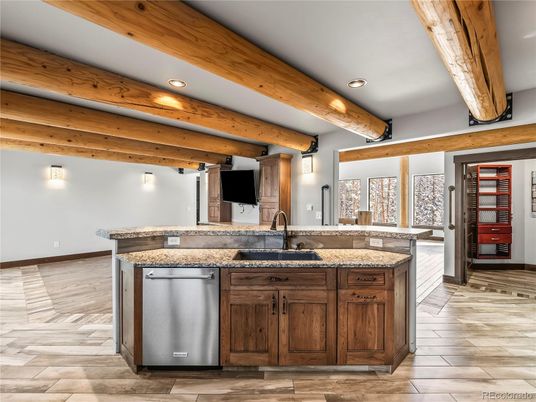 Interior, Kitchen, Recessed Lighting, Wooden Beams, Wood Texture Flooring
