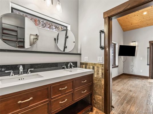 Bathroom, Dual Sink Vanities, Interior, Wooden Ceilings, Wood Texture Flooring