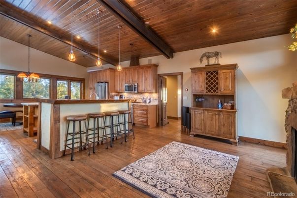 Interior, Kitchen, Pendant Lights, Recessed Lighting, Wooden Beams, Wooden Ceilings, Wood Texture Flooring