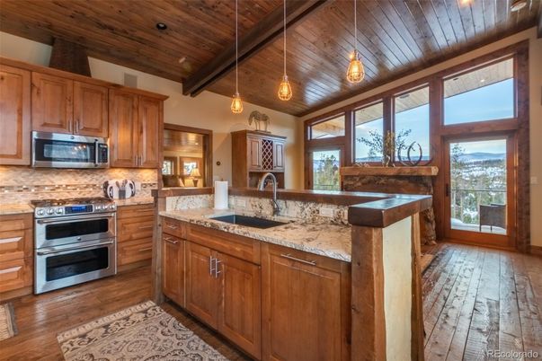Interior, Kitchen, Pendant Lights, Recessed Lighting, Stainless Steel Appliances, Wooden Ceilings, Wood Texture Flooring