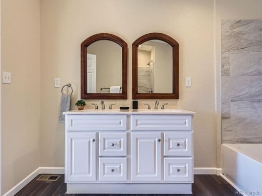 Bathroom, Dual Sink Vanities, Interior, Wood Texture Flooring