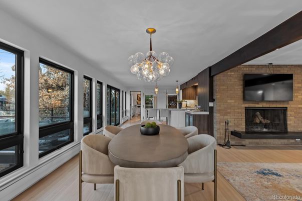 Dining room, Fireplace, Interior, Kitchen, Pendant Lights, Stone Walls, Wood Texture Flooring
