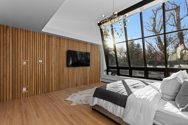 Bedroom, Interior, Pendant Lights, Wood Texture Flooring