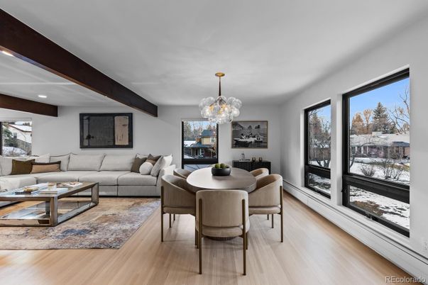 Dining room, Fireplace, Interior, Living room, Pendant Lights, Recessed Lighting, Wooden Beams, Wood Texture Flooring