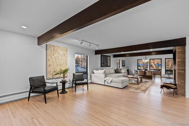 Dining room, Interior, Living room, Recessed Lighting, Stone Walls, Wooden Beams, Wood Texture Flooring
