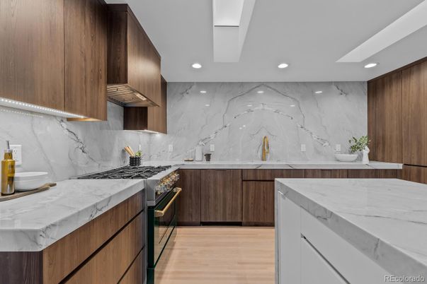 Interior, Kitchen, Marble Walls, Recessed Lighting, Wood Texture Flooring
