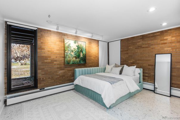 Bedroom, Interior, Recessed Lighting, Stone Walls, Wooden Walls