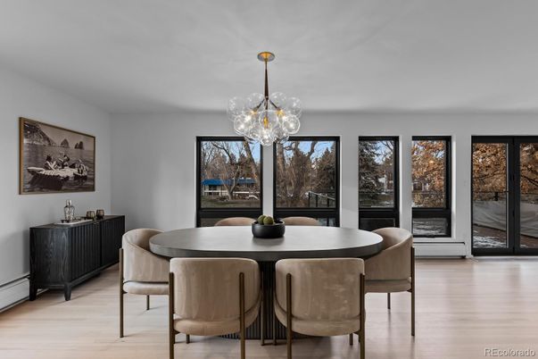 Dining room, Interior, Pendant Lights, Wood Texture Flooring