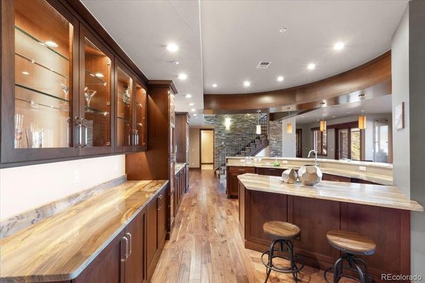 Interior, Kitchen, Pendant Lights, Recessed Lighting, Stone Walls, Wood Texture Flooring